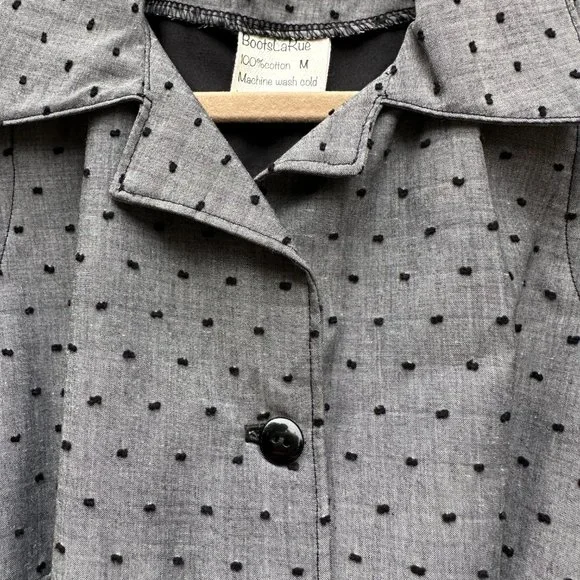 Vintage Dotted Dress with pockets & black pleated trim ~ Gray & Black - Picture 7 of 11